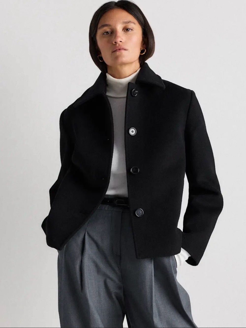 Quince Black Cropped Peacoat with Classic Collar